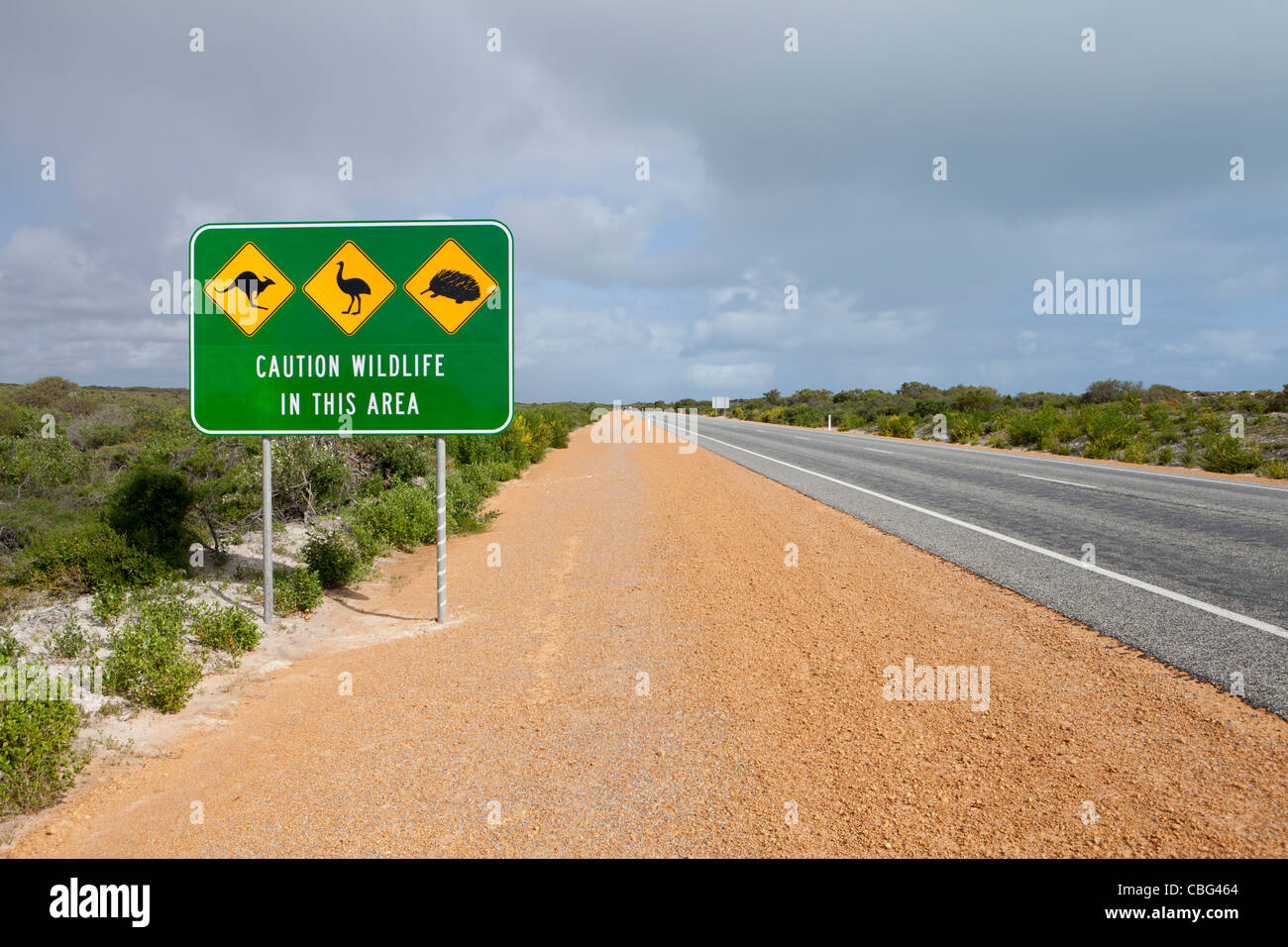 Gelbe und grüne Wegweiser warnen Sie Kängurus & emu auf den australischen outback Straßen Stockfoto