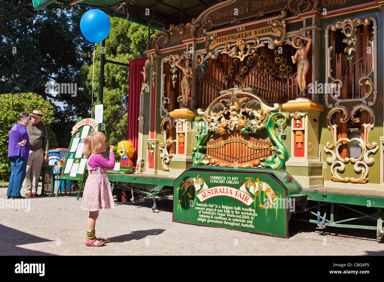 Dutch Straße Orgel - Australian Fair Melbourne Victoria Keyframe Noten vom historischen europäischen Organ von der Tätigkeitsschnittes Stockfoto