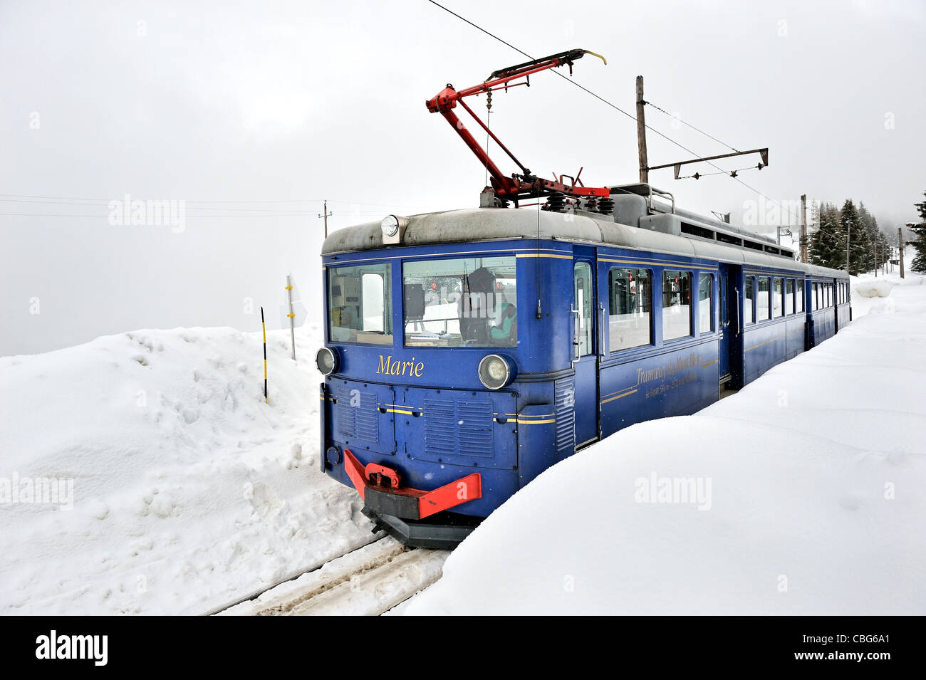 Historische Eisenbahn: Tramway du Mont-Blanc, Frankreich. Stockfoto