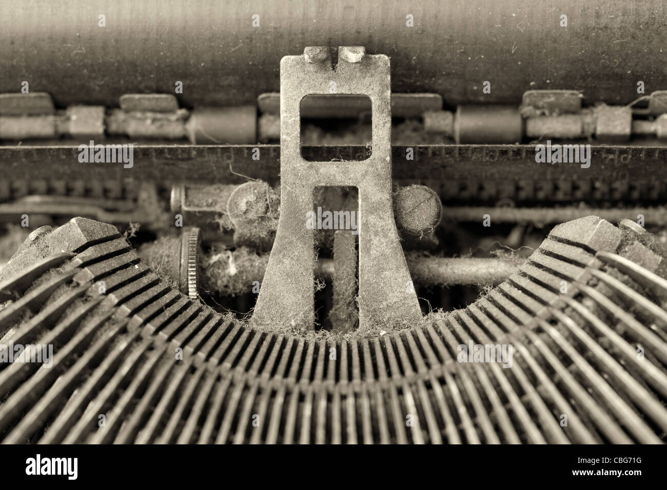 Detail einer eine rostige alte Schreibmaschine Mechanismus Schwarzweiß Stockfoto