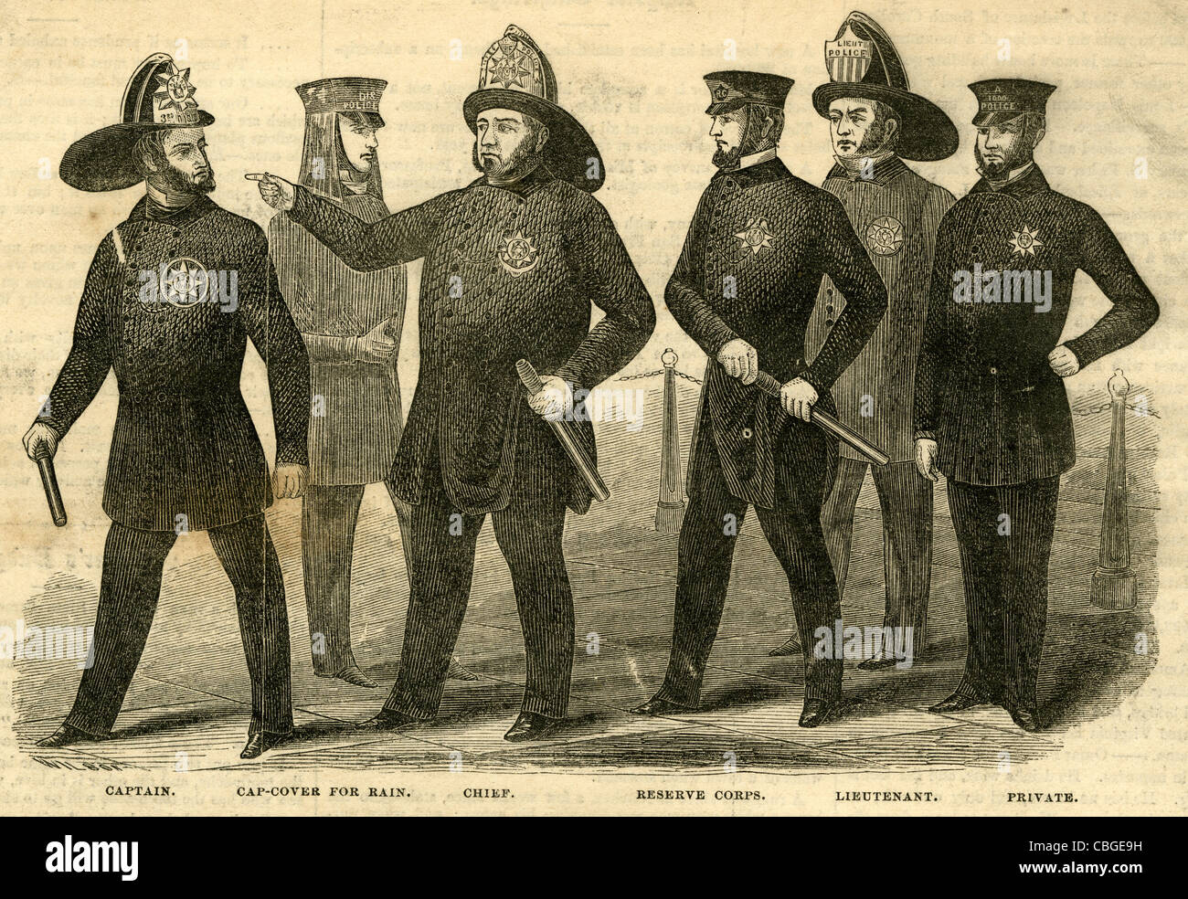 1854 Gravur, "Neue Verordnung Uniformen der New Yorker Polizei." Stockfoto