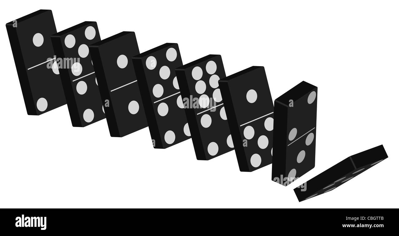 Domino-Effekt - stehen schwarze Fliesen, Isolated On White Background Stockfoto