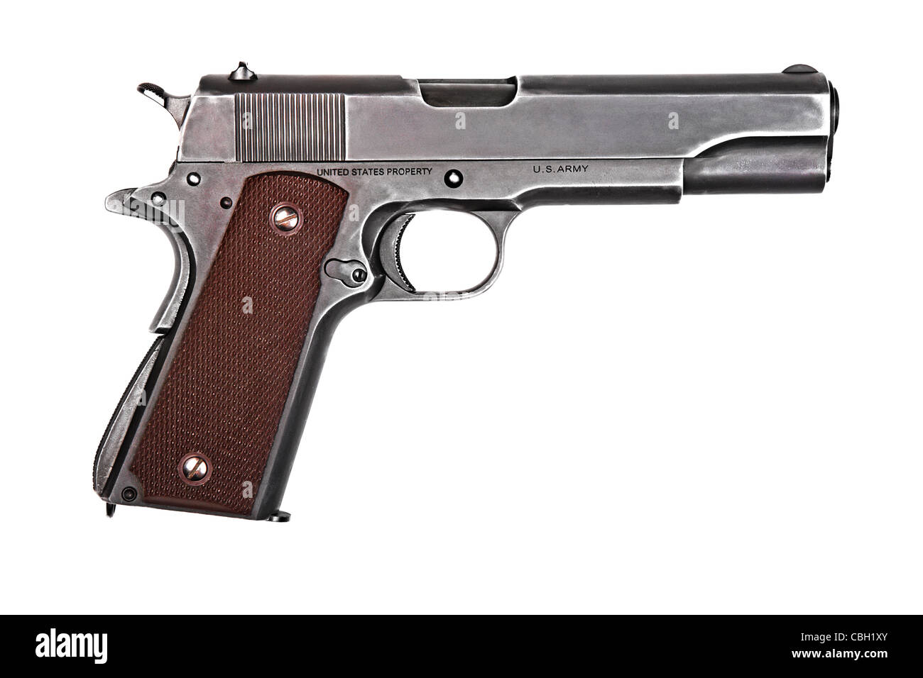 Legendäre US-Armee Pistole Colt 1911A1 isoliert auf weißem Hintergrund. Militärischen Modell (grau). Stockfoto