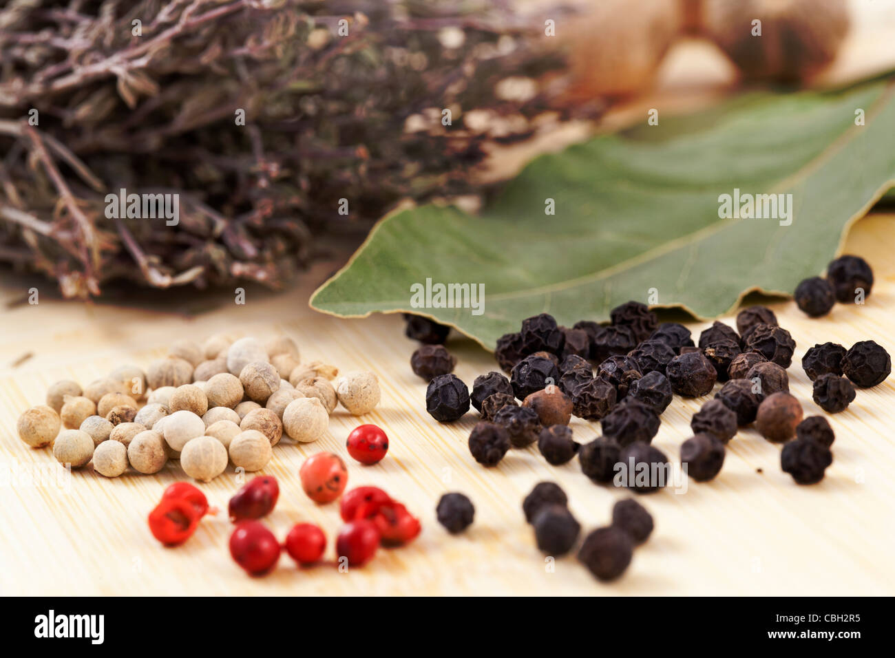 eine Sammlung von getrockneten Gewürzen 3 Paprika & Lorbeer Stockfoto
