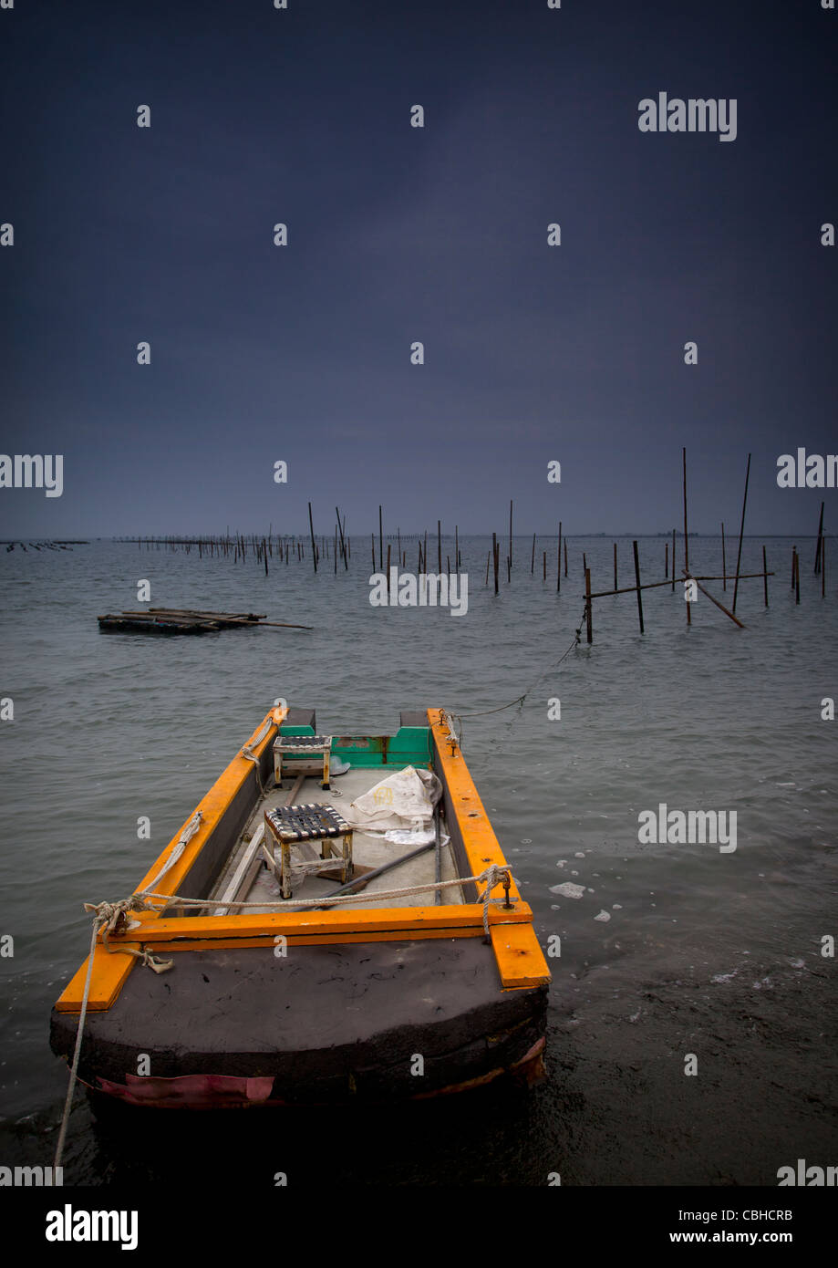 Ein Fischerboot erwartet um Austern aus den Bambus-Rahmen an der Küste von Taiwan zu sammeln. Stockfoto