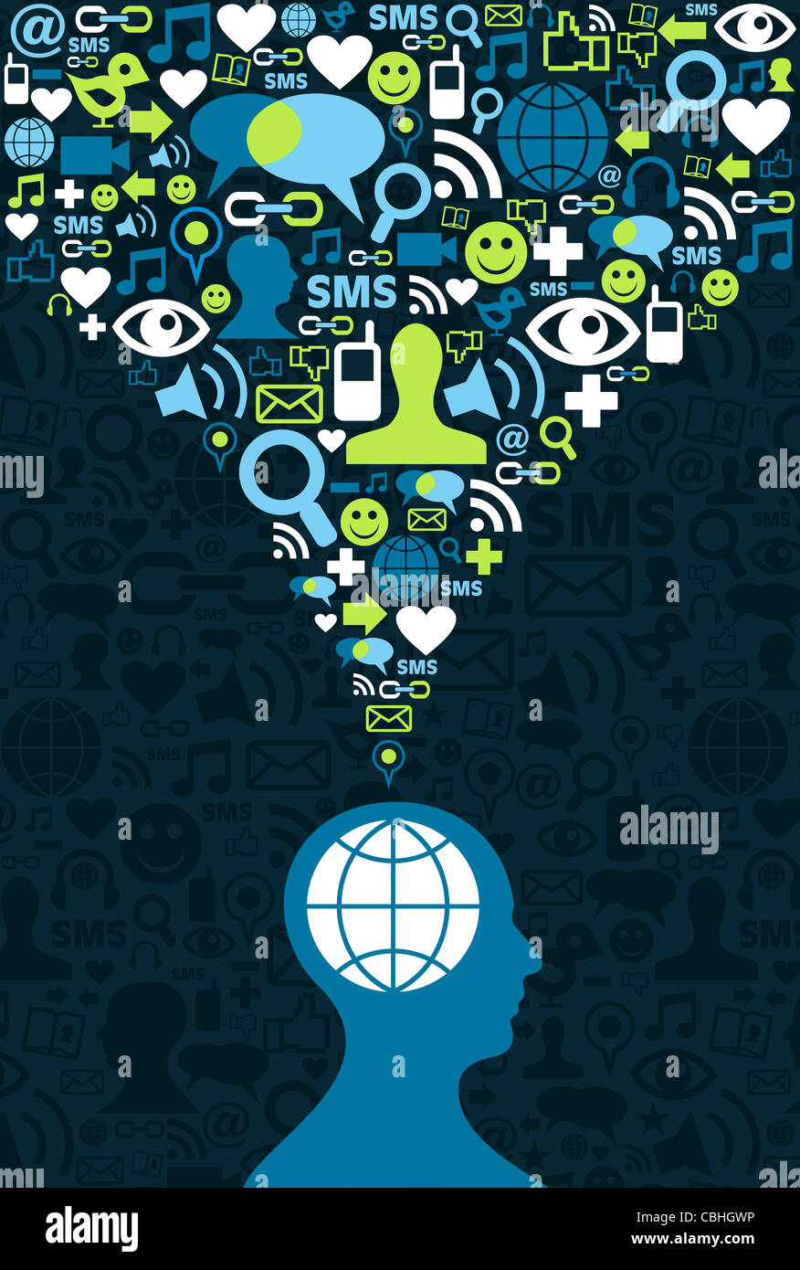 Single Mann Abbildung konzeptionelle social-Media Kommunikation Splash mit Icon-Set. Abbildung Vektor Hintergrund-Datei zur Verfügung. Stockfoto