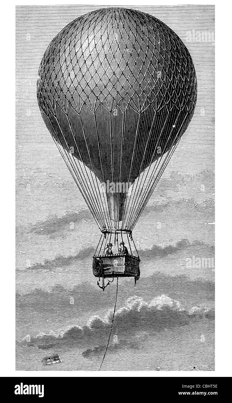 Aerostat aufgeblasen voll Ballon Flugzeug reisen Wind Transport Fahrzeug Luftschiff Heißluft Wicker Korb Kapsel Stromkabel Stockfoto
