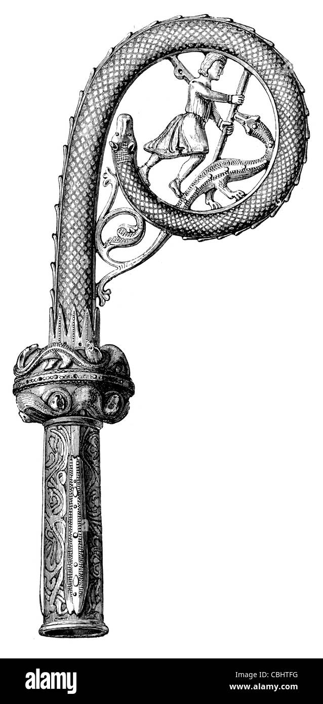 Bischofsstab Crozier Hirtenstab Paterissa Pósokh Grab Cormac es Kapelle Cashel Celtic Knot Kunst alten Schäferhund Gauner Stockfoto
