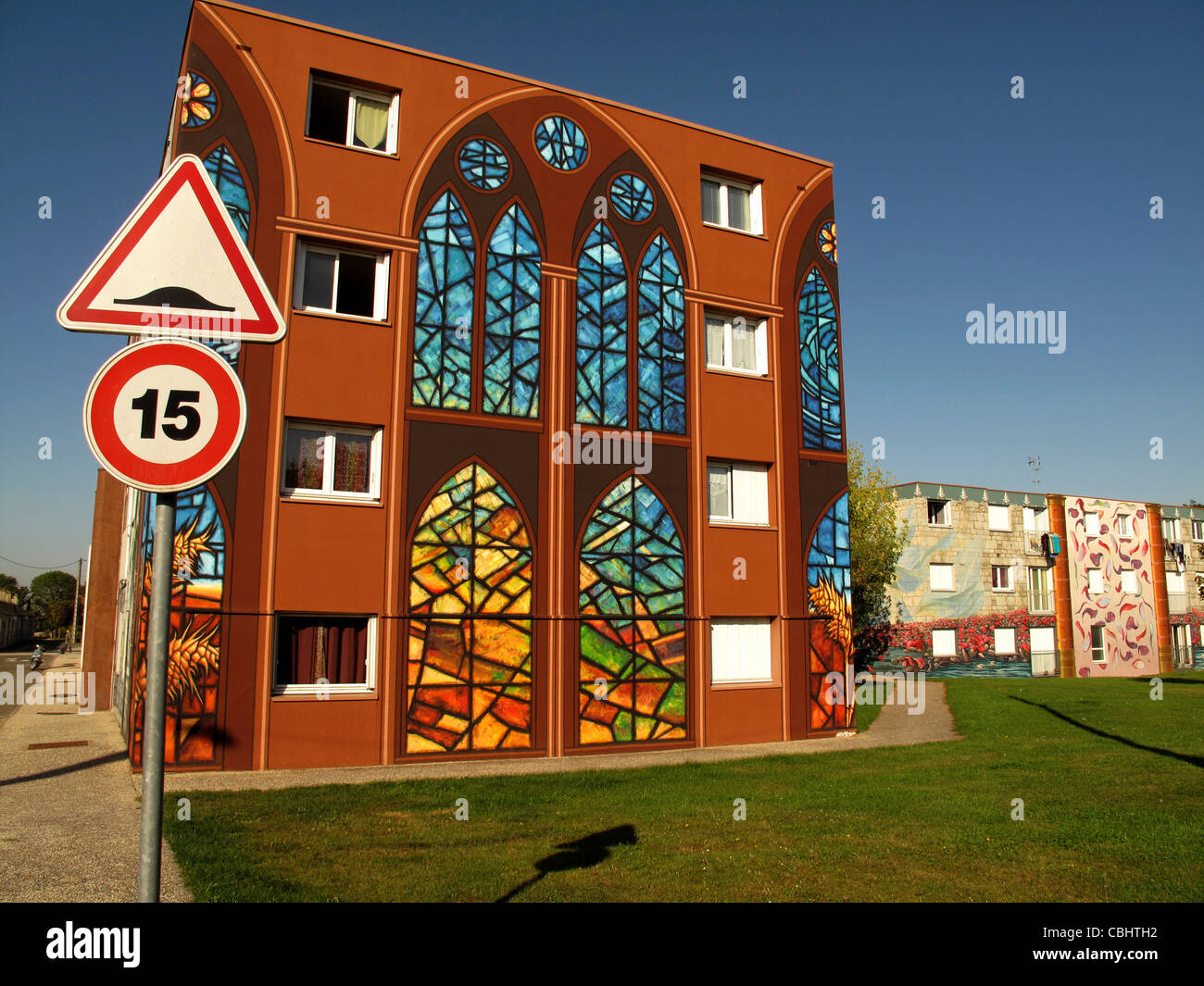 Les Fresques de Bel Air, Fresko, Trompe l ' oeil, Wand Farbe, Chartres, Eure-et-Loire, Frankreich Stockfoto