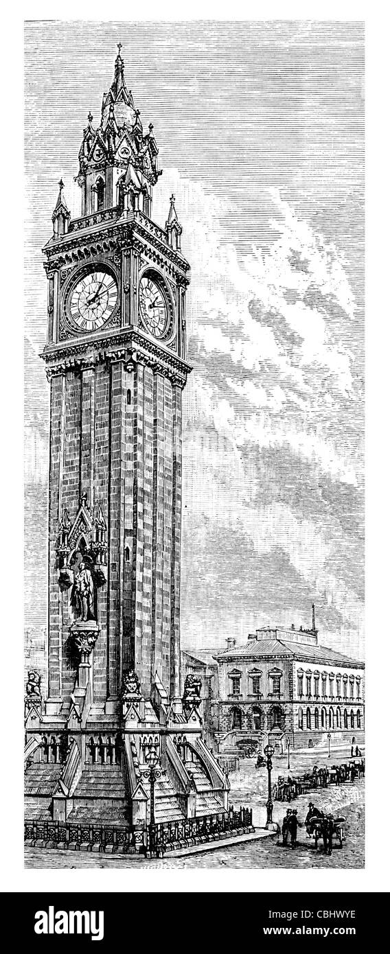 Albert Memorial Clock tower Queen Square Belfast Irland 1869 Wahrzeichen gotische heraldische Löwe Stockfoto