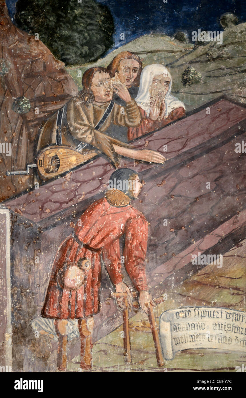 Fresko der Trauernden am Grab des Heiligen Antonius der Eremit (c468-c520), St. Anthony's Chapel, Clans, Tinée Valley, Alpes-Maritimes, Frankreich Stockfoto