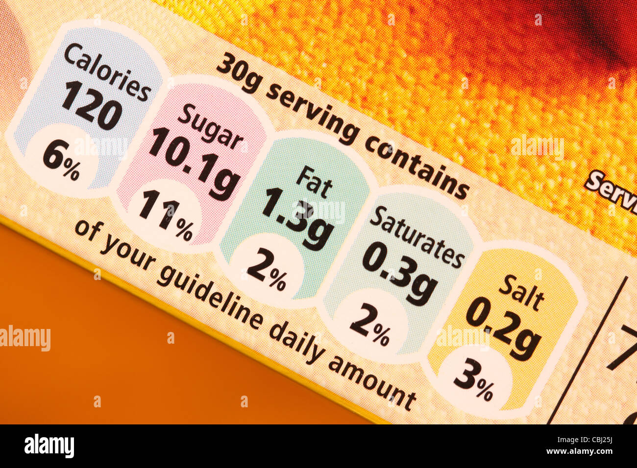 GDA essen Müsli Ernährung Inhalt Kalorien Zucker Fett sättigt Salzgehalt Stockfoto
