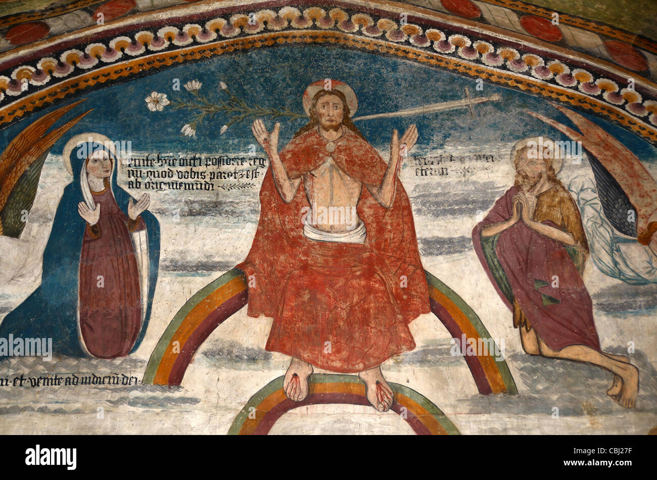 Trinity Fresko, Kapelle der Weißen Büßer, oder Chapelle des Büßer Blancs, eine gemalte Kapelle in La Tour, Tinée Valley, Alpes-Maritimes, Frankreich Stockfoto