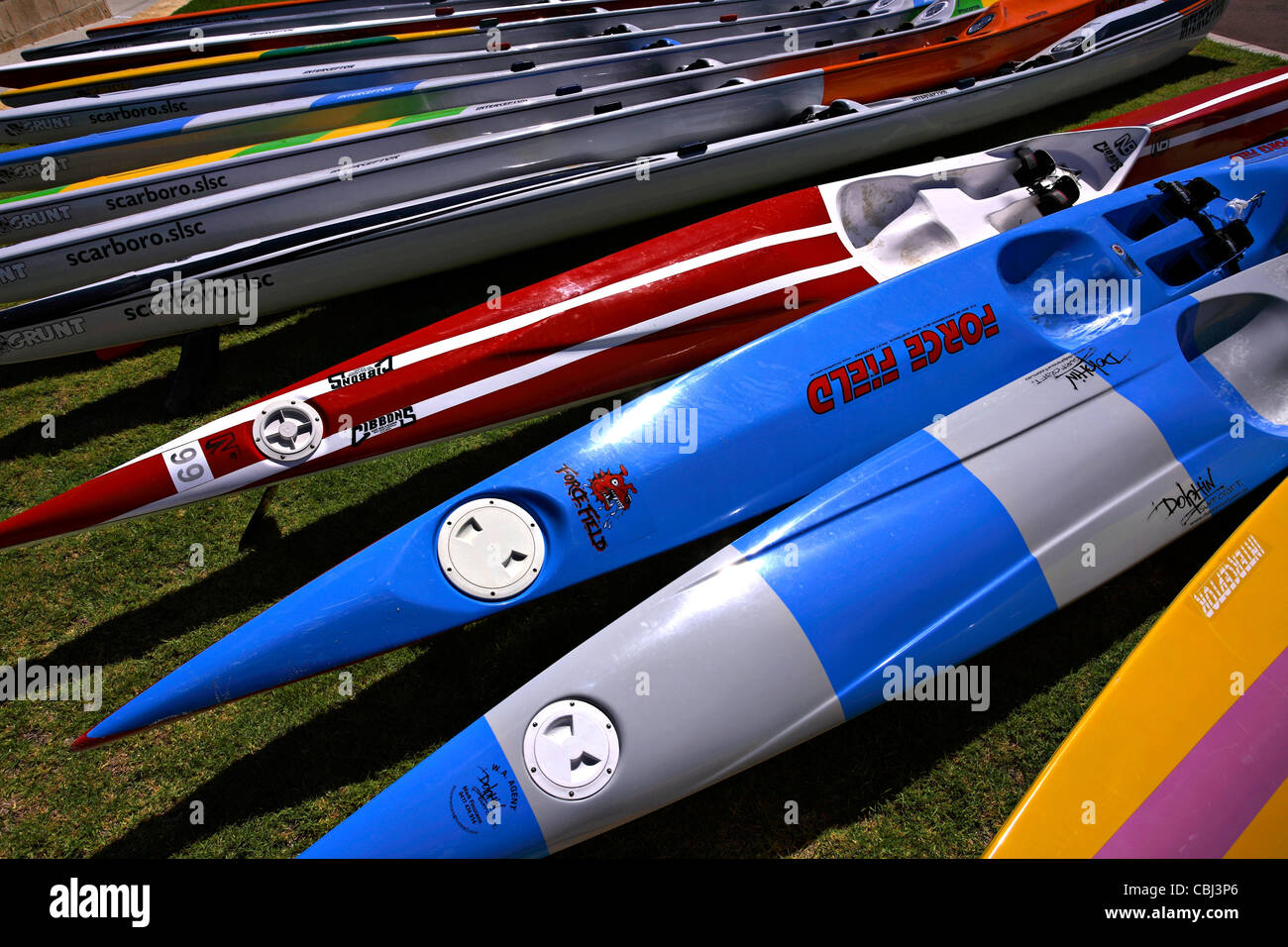 Paddel Boote Surf Skis auf dem grünen Rasen Stockfoto