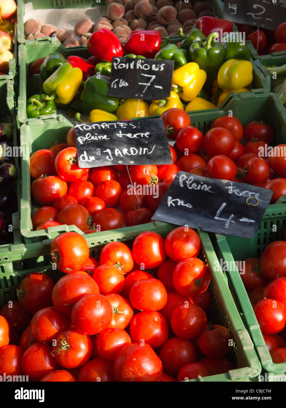 Tomaten und Paprika, Bauern Markt, Carouge, Genf, Schweiz Stockfoto