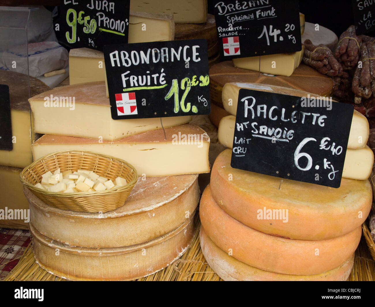 Käse auf dem Markt, Chamonix, Frankreich Stockfoto