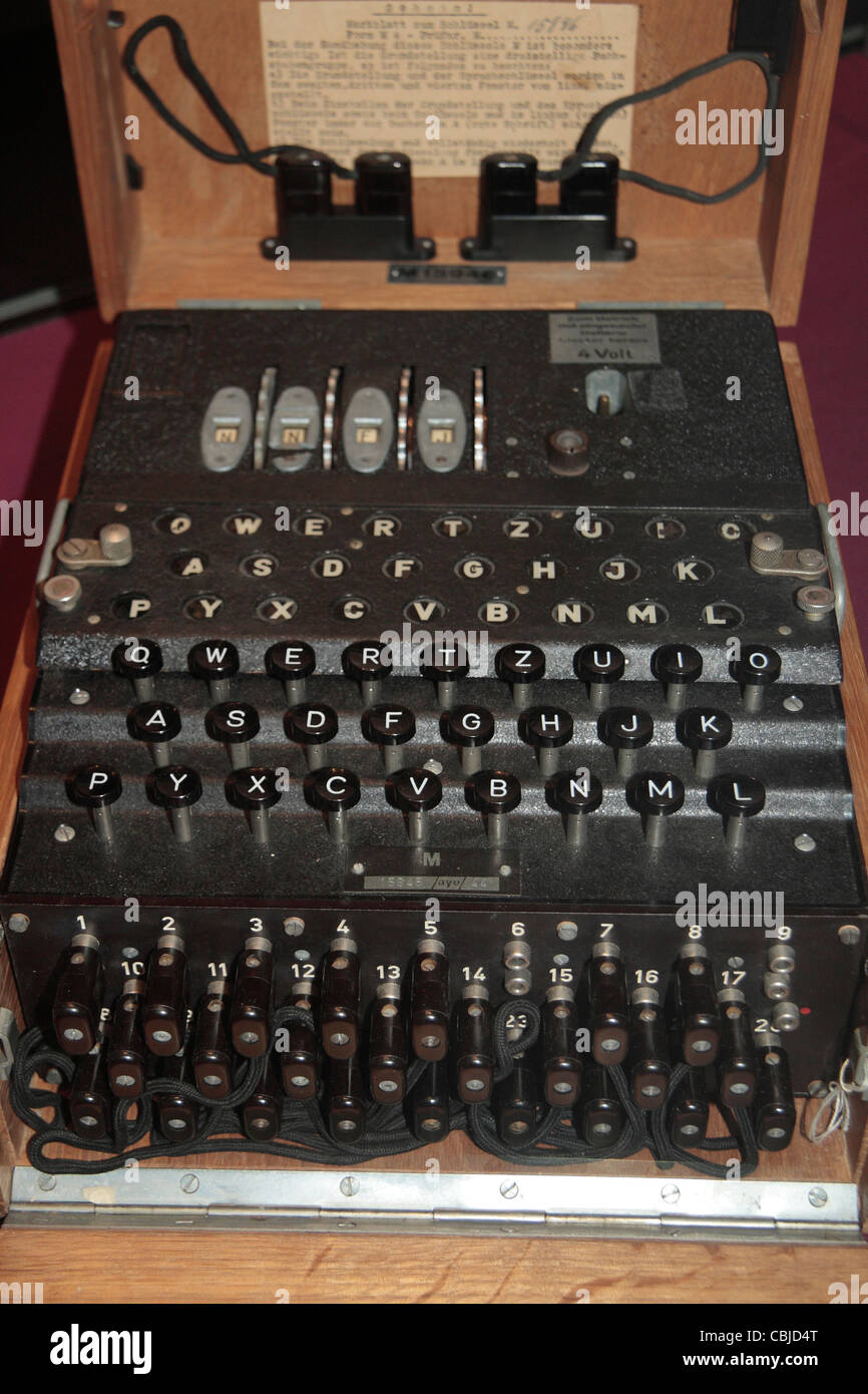 Draufsicht einer aufgenommenen Enigma-Maschine auf dem Display in Bletchley Park, Bletchley. Buckinghamshire, Großbritannien. Stockfoto