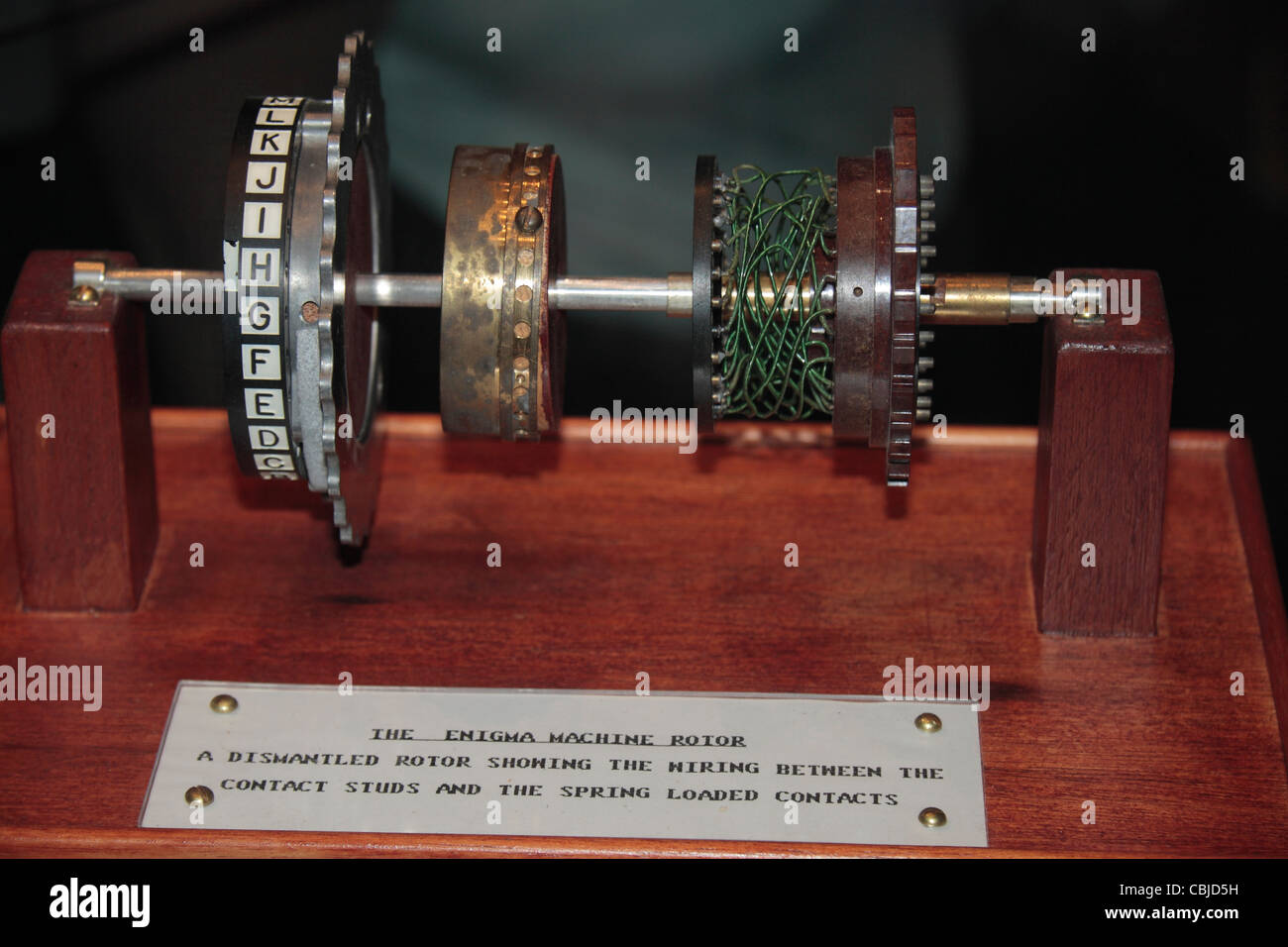 Eine Enigma-Maschine-Rotor auf dem Display zeigt die interne Verkabelung in Bletchley Park, Bletchley. Buckinghamshire, Großbritannien. Stockfoto