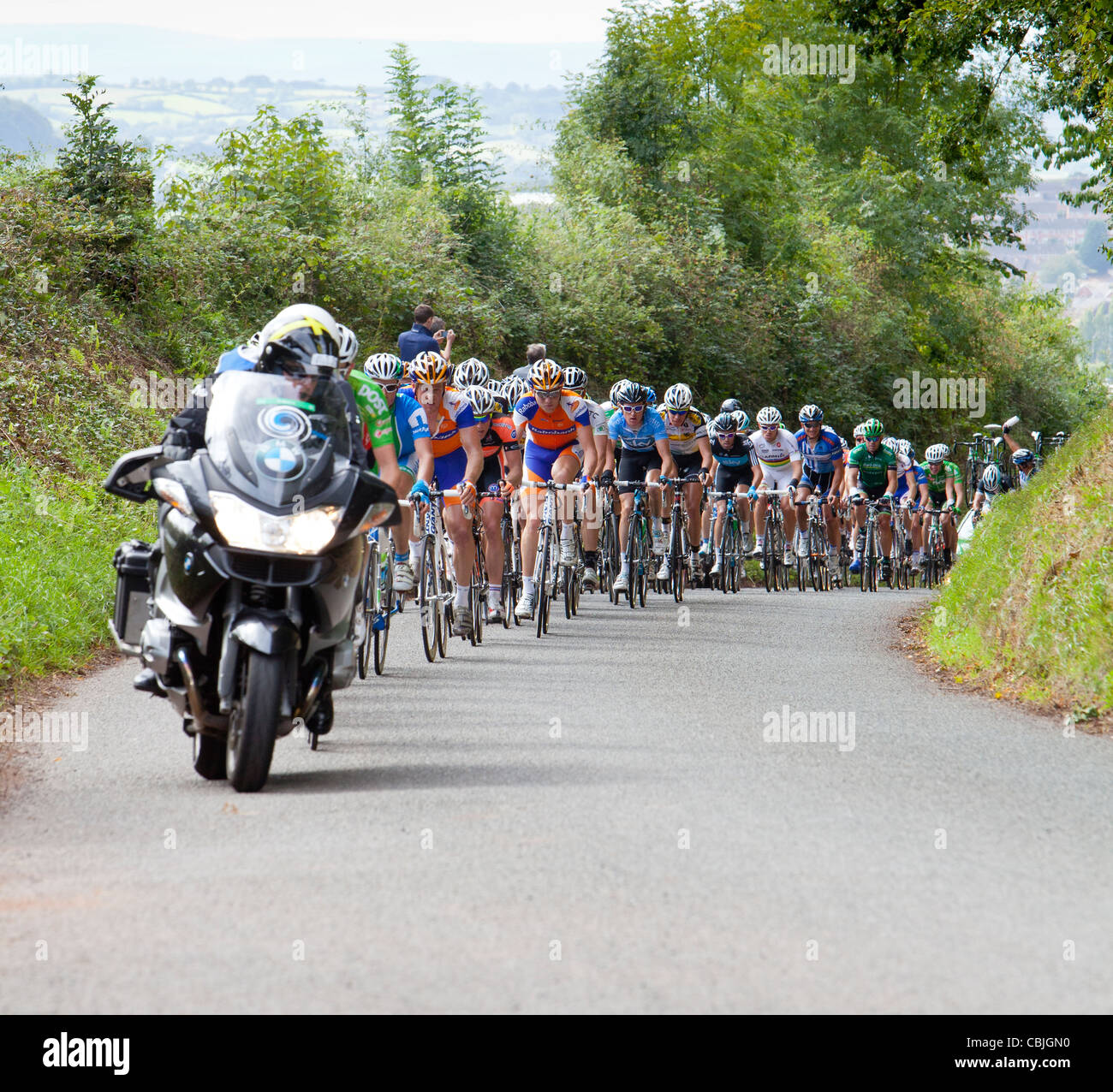 Hauptfeld der Tour of Britain-Radrundfahrt in Devon, England Stockfoto