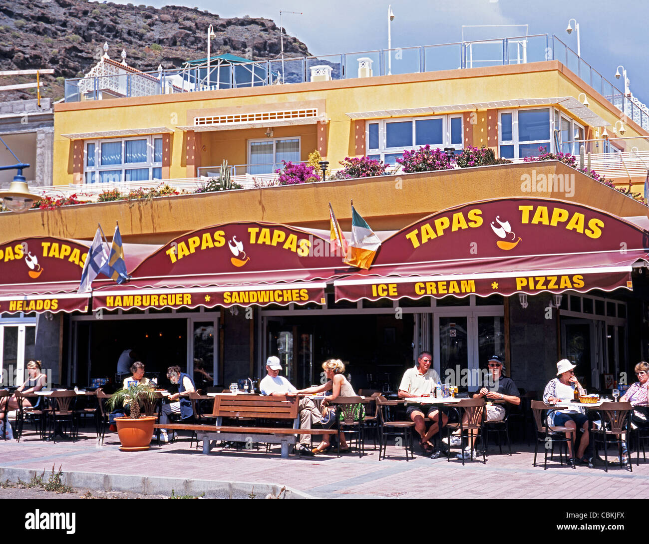 Am Strand Tapas/Cafe Bar, Puerto Rico, Gran Canaria, Kanarische Inseln, Spanien. Stockfoto