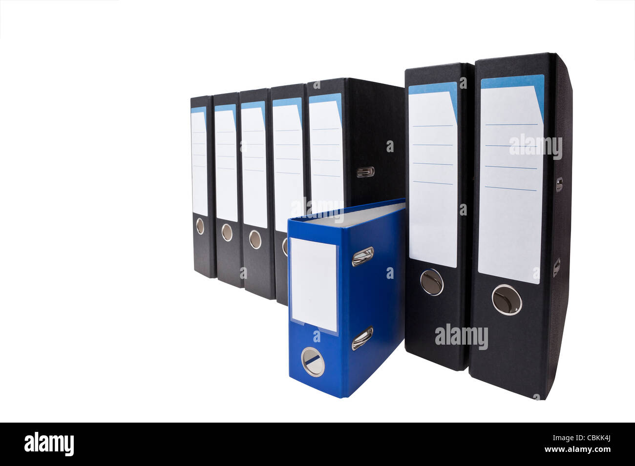 eine kleine blaue Ringbinder abhebt, es einem anderen Stockfoto