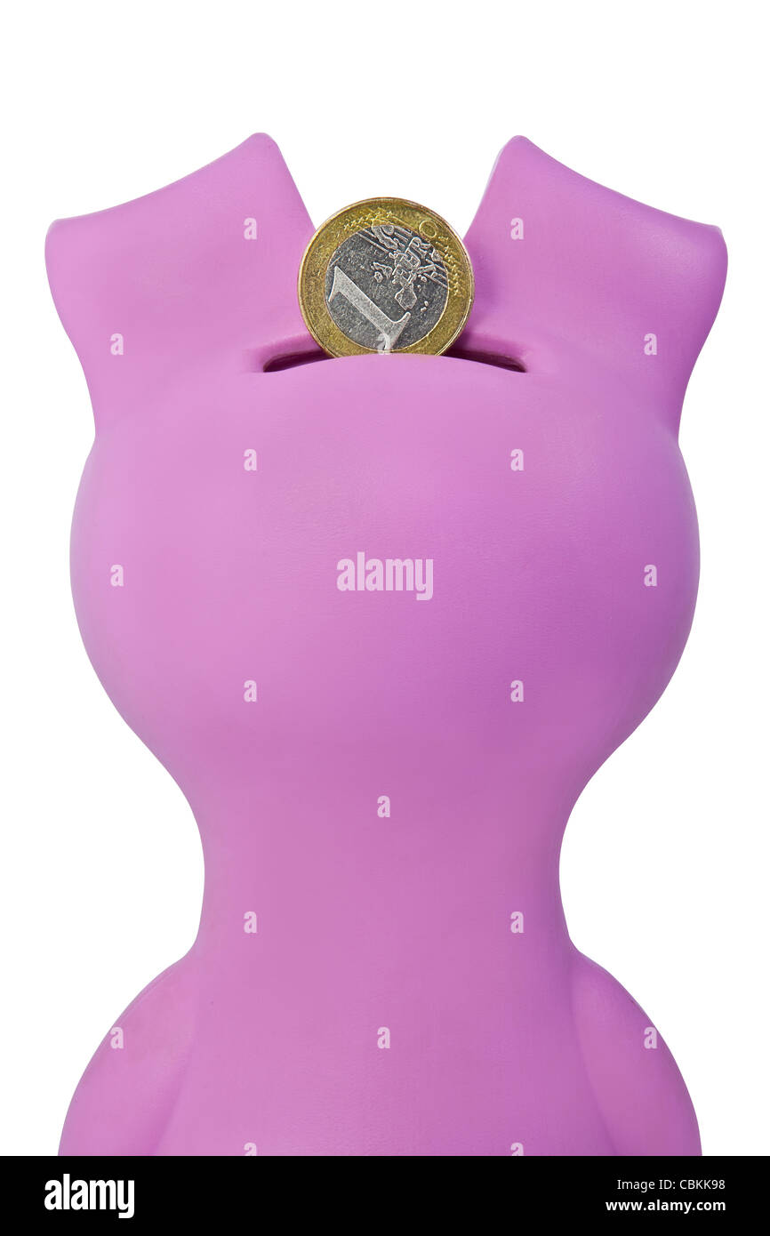 ein Euro wird in ein Sparschwein gespeichert Stockfoto