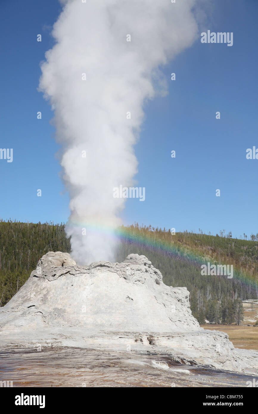 Castle-Geysir Ausbruch mit Regenbogen, Upper Geyser Basin geothermische Gebiet, Yellowstone Caldera, Yellowstone-Nationalpark, Wyoming Stockfoto