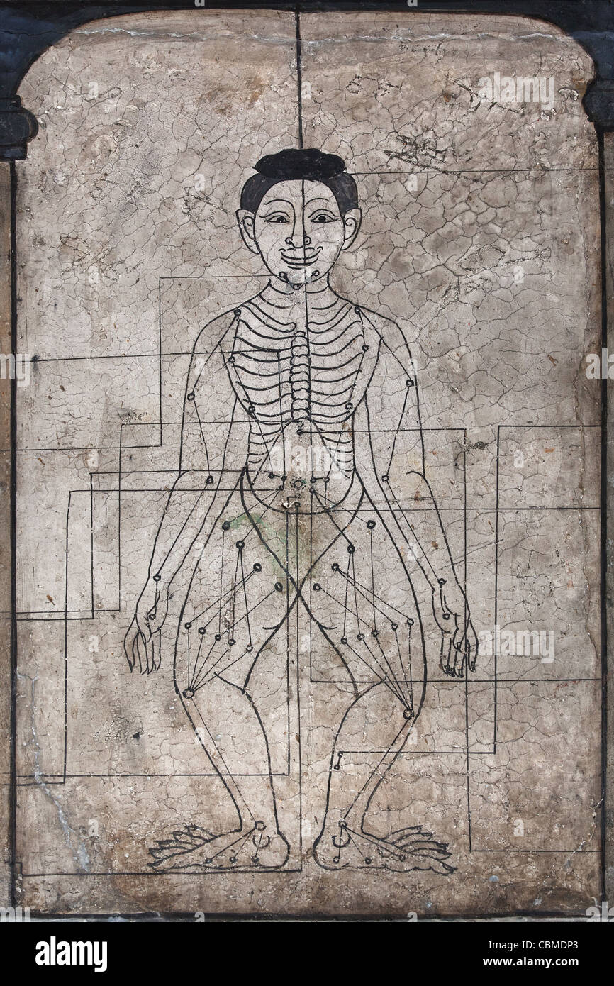 Wat Pho Bangkok Thailand Build von König Rama, enthaltenden Reclining Buddha, Gemälde von Heilenergie Akupunkturpunkte des Körpers. Stockfoto