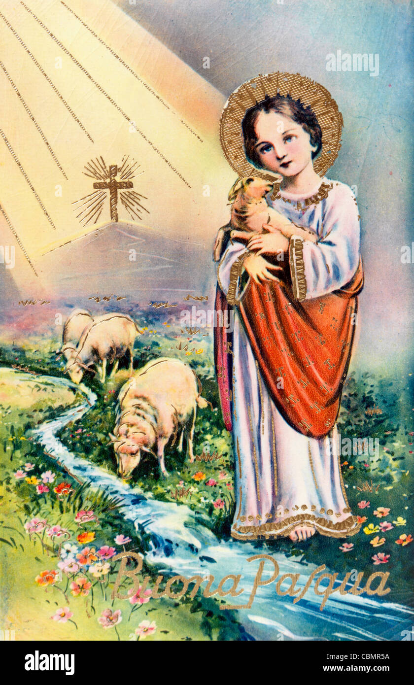Jesus als den guten Hirten auf italienischen Ostern Postkarte Buona Pasqua (Frohe Ostern) Stockfoto