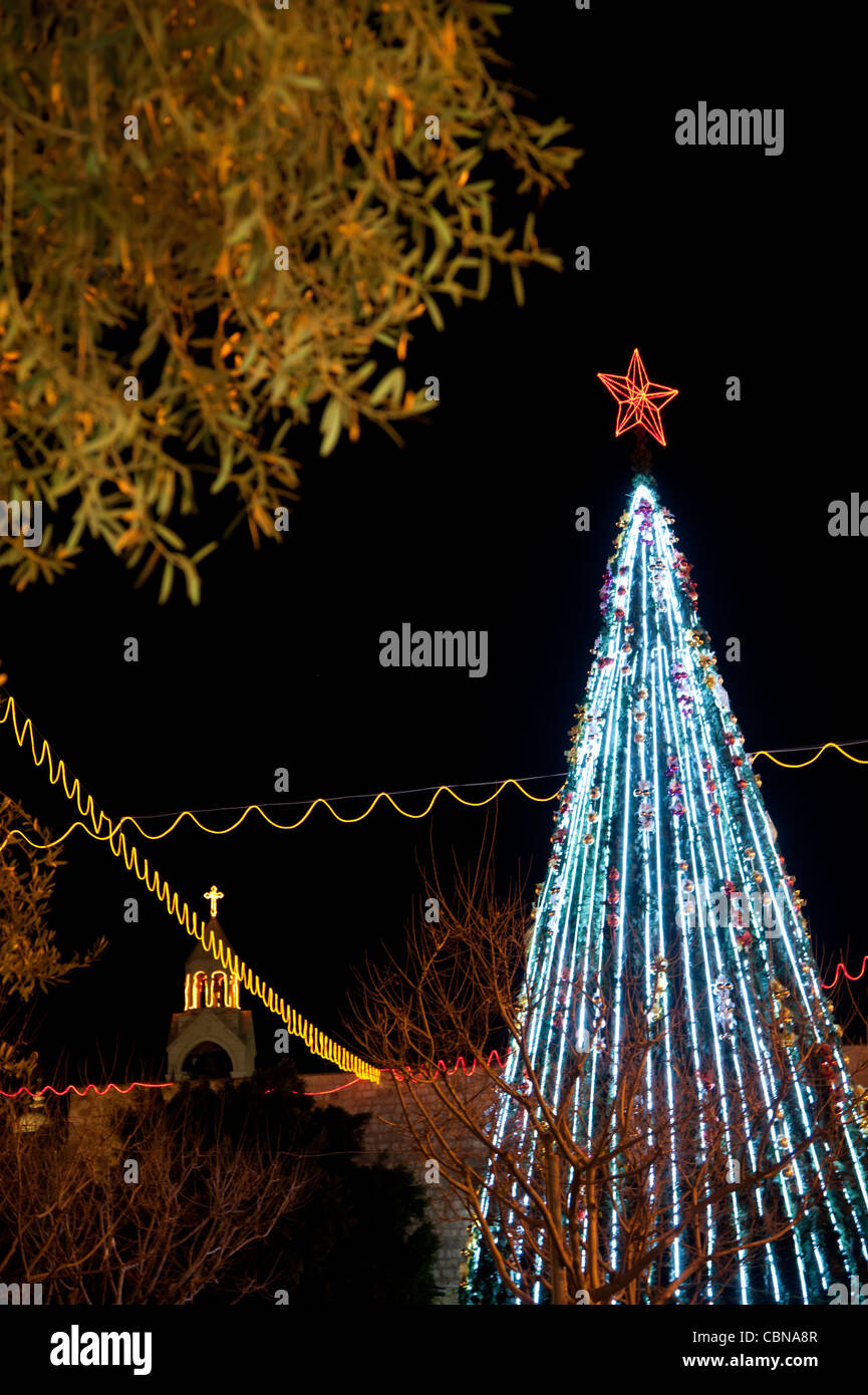 Ein Weihnachtsbaum wird flankiert von Olivenzweigen und einen beleuchteten Kirchturm Bethlehems-Kirche der Geburt Christi. Stockfoto