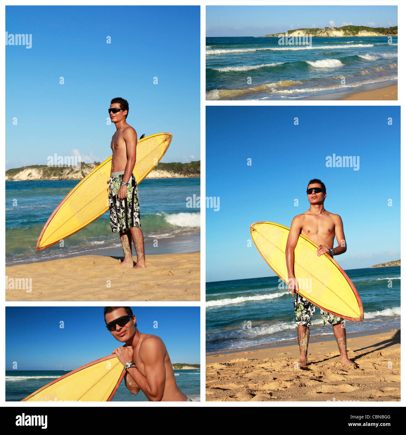 Collage mit Surfer mit Surfbrett am Karibik-Strand, Dominikanische Republik Stockfoto