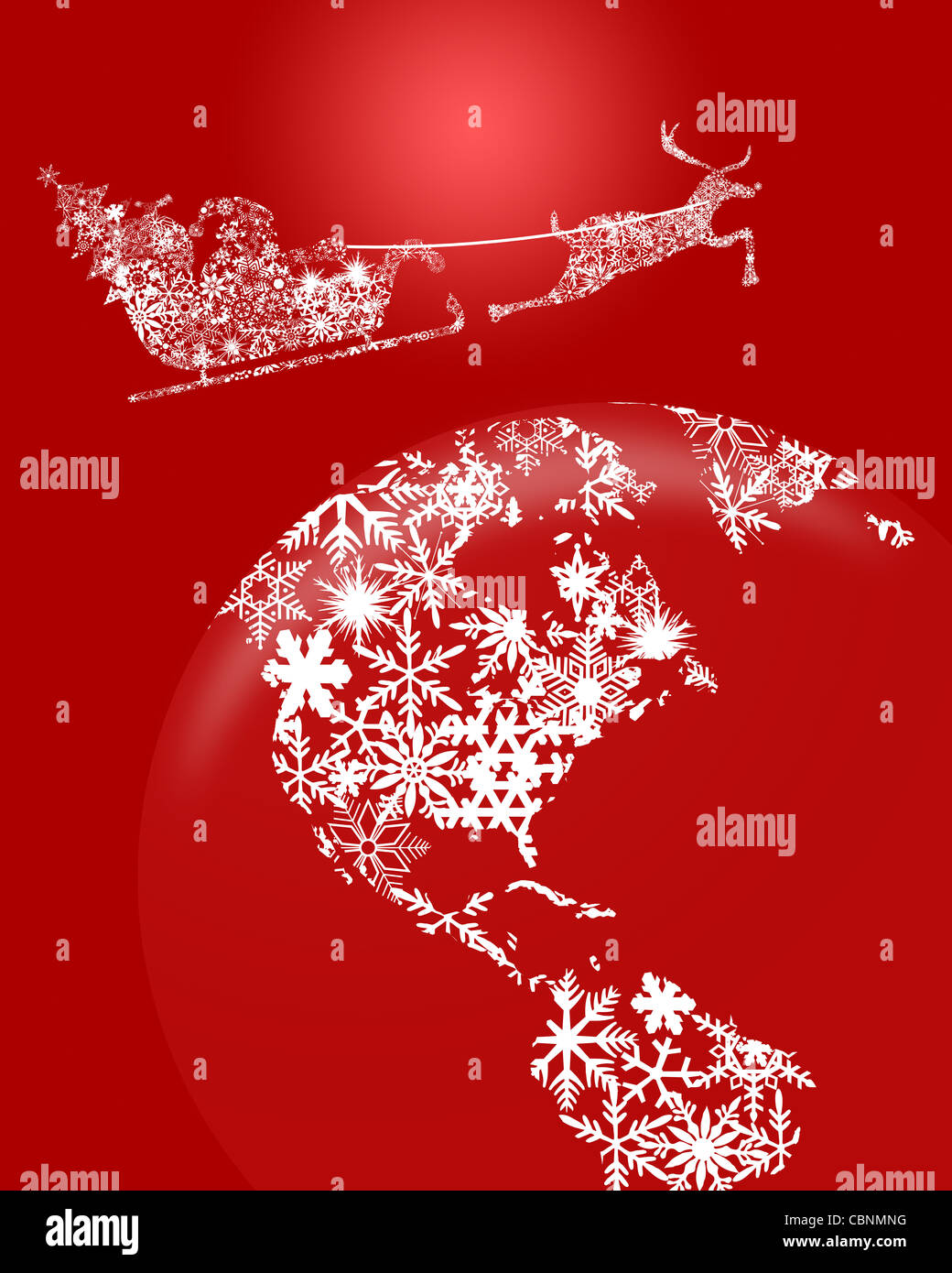 Weihnachten in Schlitten mit Rentier über Erde Globus Clipart Illustration auf rotem Grund Stockfoto