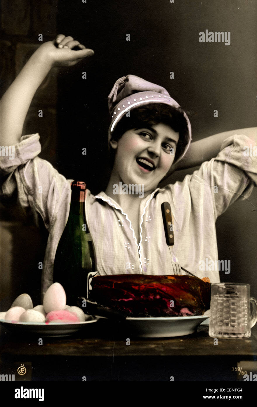 Frau, Antizipation, gesamte Roastbeef Essen Stockfoto