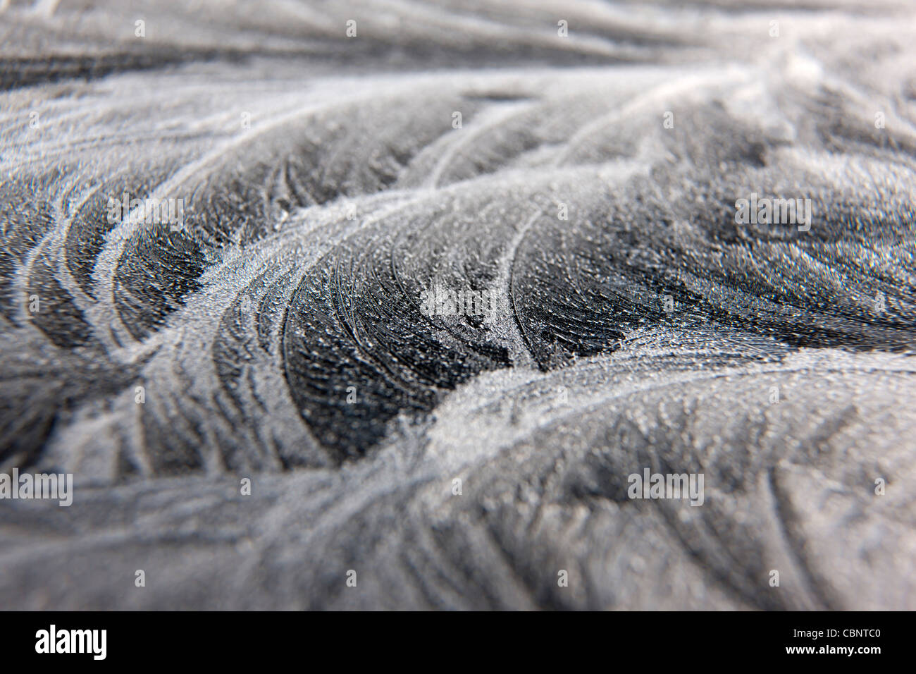 auftretende kristalline anorganische feste Eiskristalle Frost auf einer Fensterscheibe gefrorenes Wasser transparent opak Stockfoto