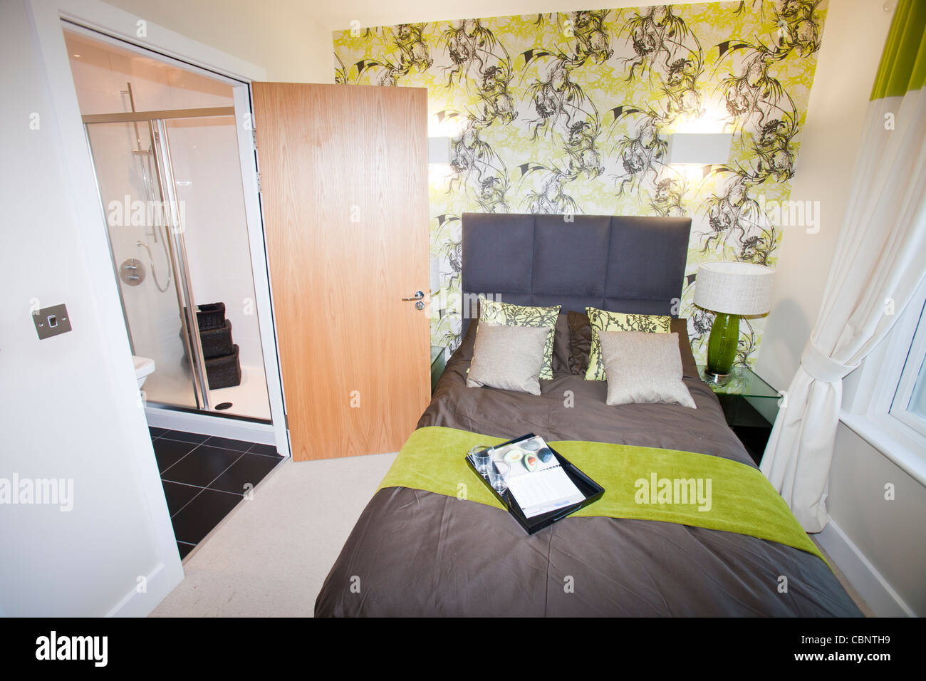 Ein Schlafzimmer in Riverside 1 in Middlesbrough, eines der grünsten Wohnsiedlungen im Vereinigten Königreich. Stockfoto