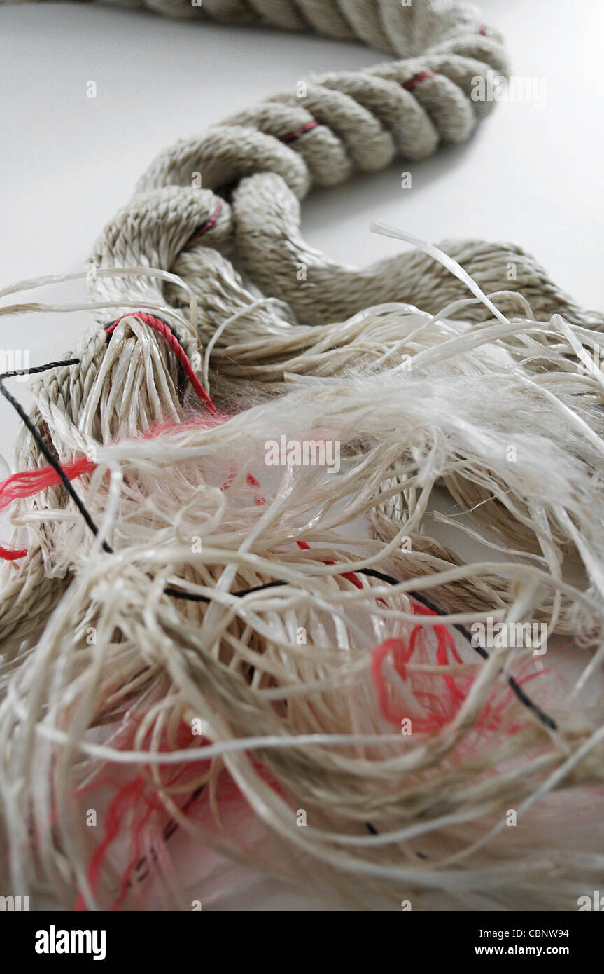 Ordentlich verdreht mehrlagige Seil auseinanderfallen in ein ungeordnetes Gewirr von losen Enden Stockfoto