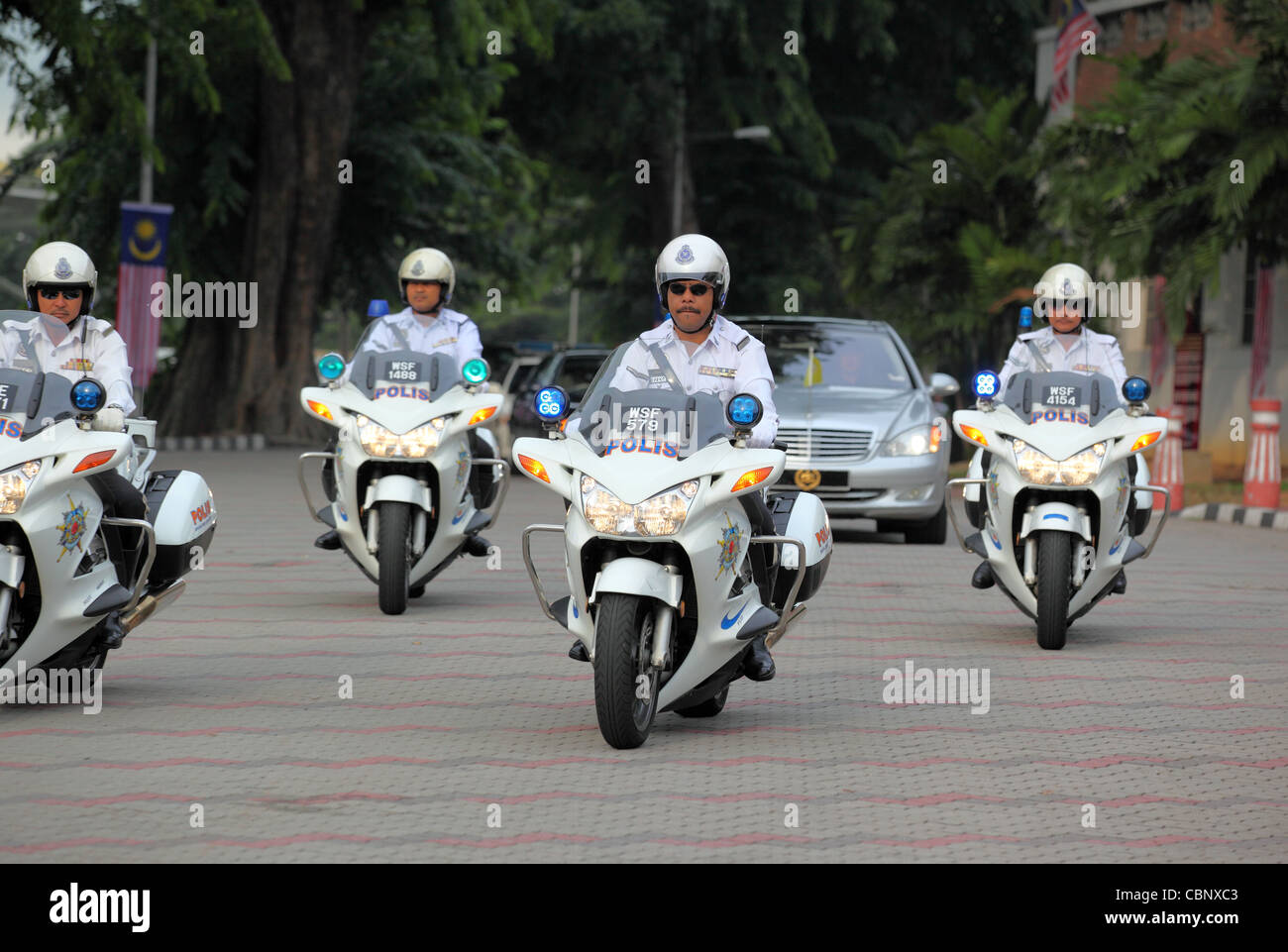 Polizei-Eskorte für Beamte in Melaka Unabhängigkeit feiern. Melaka, Malaysia, Südostasien, Asien Stockfoto