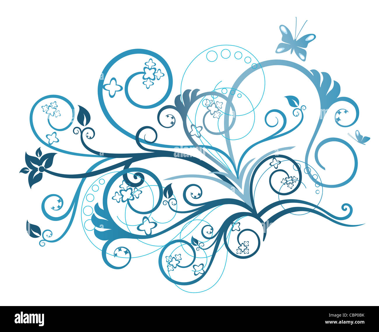 Türkis Blumen, wirbelt und Schmetterlinge Gestaltungselement Stockfoto
