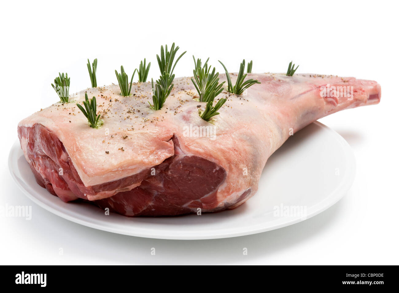 eine rohe Lammkeule zubereitet mit Rosmarin zum Braten auf dem weißen Hintergrund isoliert Stockfoto