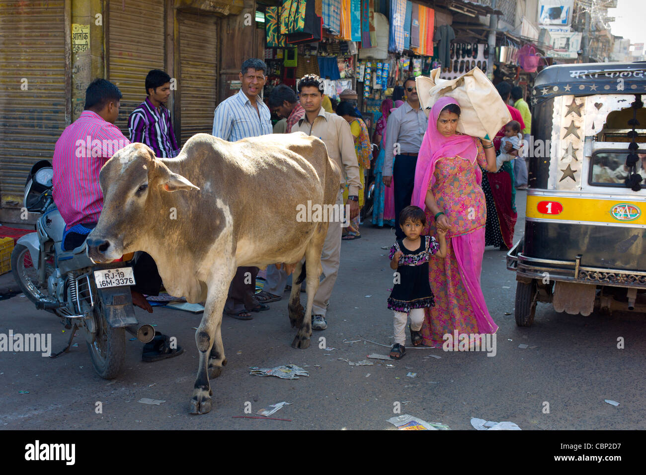 Überfüllten Straßenszene Kuh streift unter den Menschen am Markt Sardar Girdikot, Jodhpur, Rajasthan, Nordindien Stockfoto