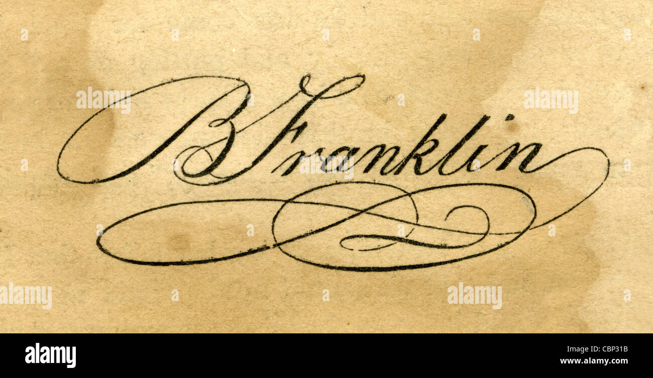 1854-Gravur von Benjamin Franklin Signatur. Stockfoto