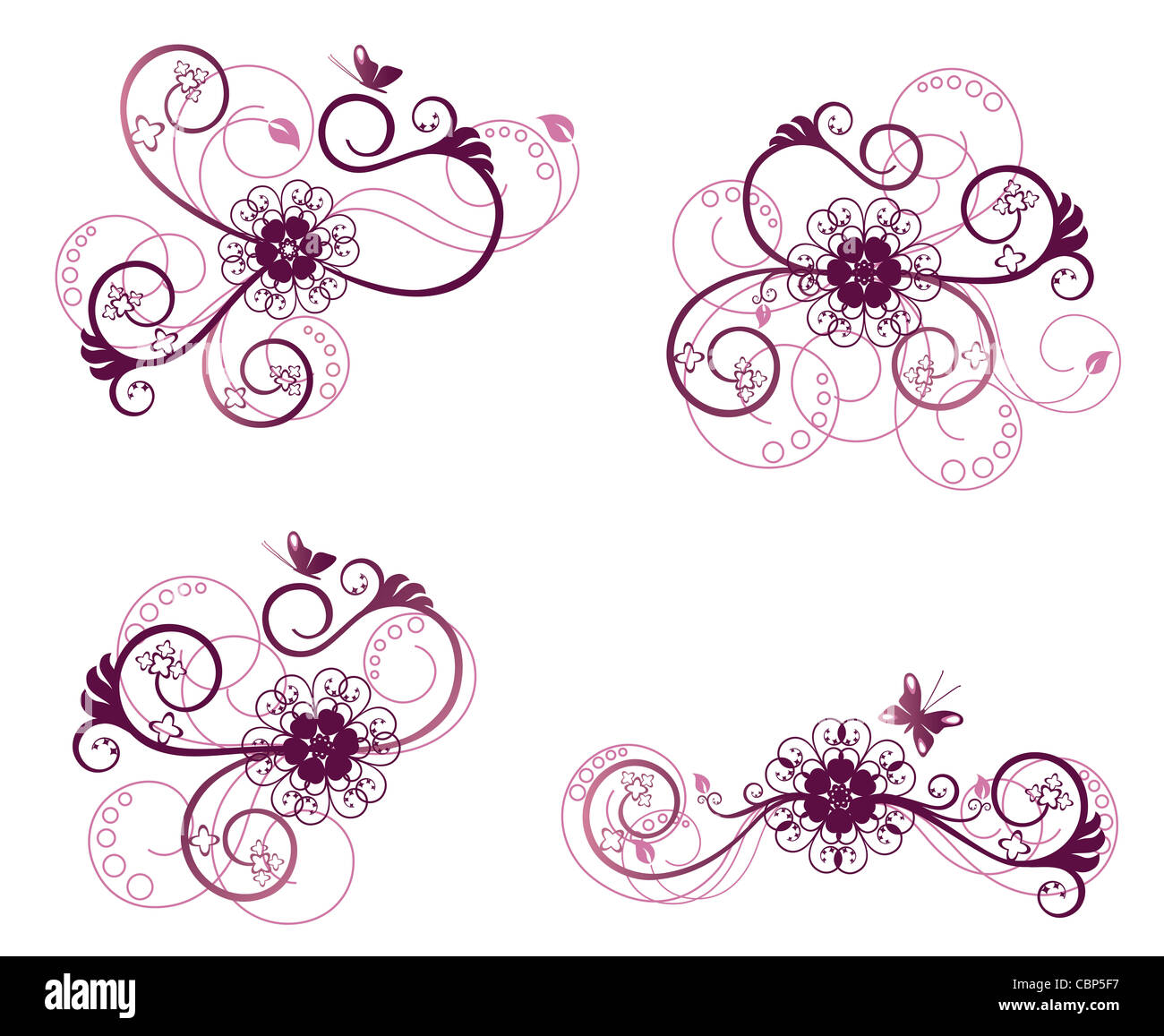 Sammlung von lila und rosa Blüten und Wirbel-Design-Elemente Stockfoto