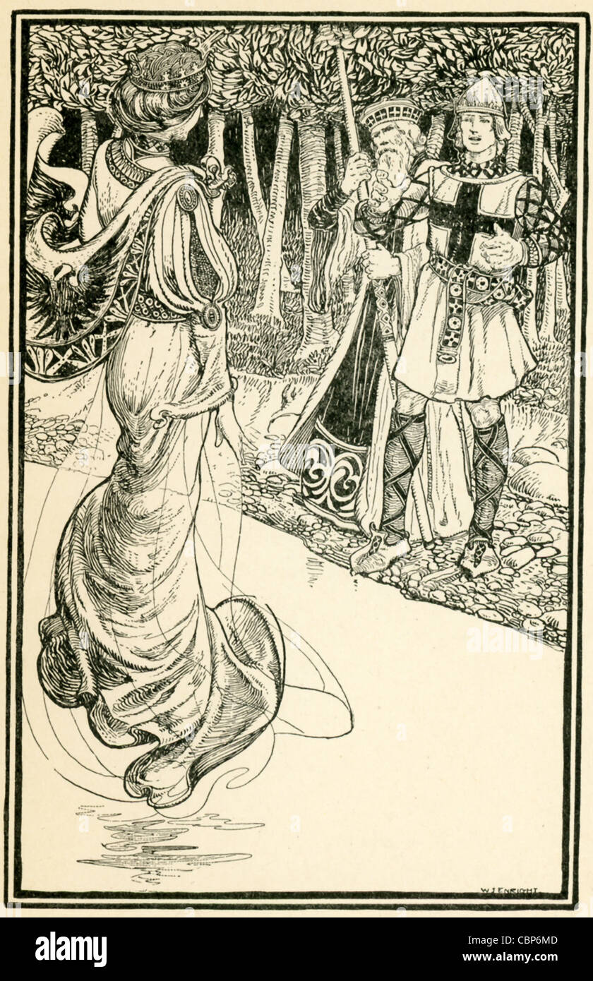 Arthur sieht die geheimnisvolle Dame des Sees, wer ihm sein Schwert Excalibur gibt. Arthur ist der Zauberer Merlin. Stockfoto