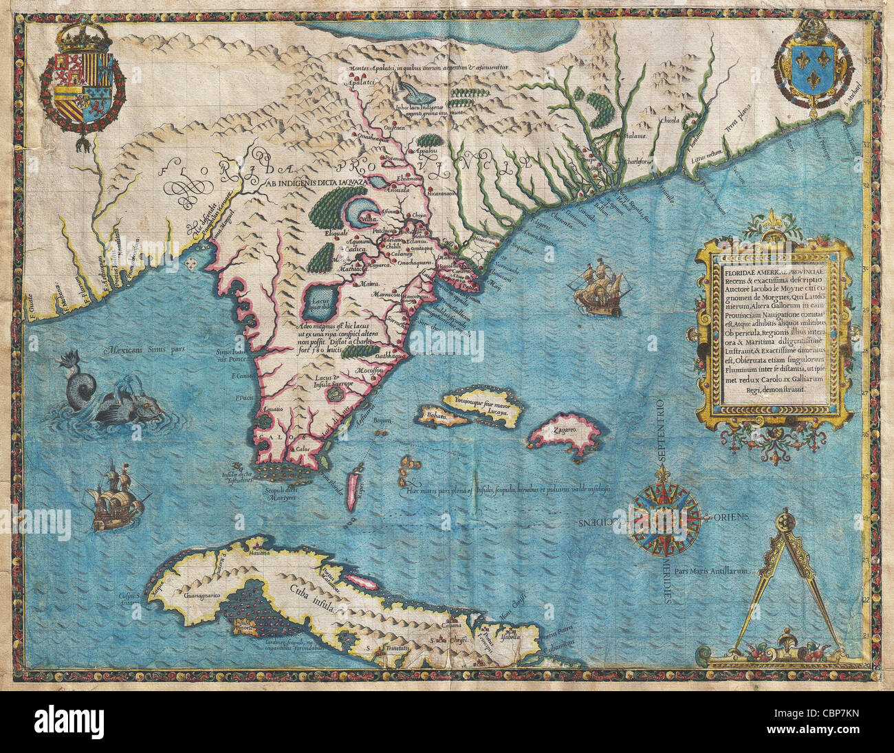 1591 de Bry und Le Moyne Karte von Florida und Kuba Stockfoto