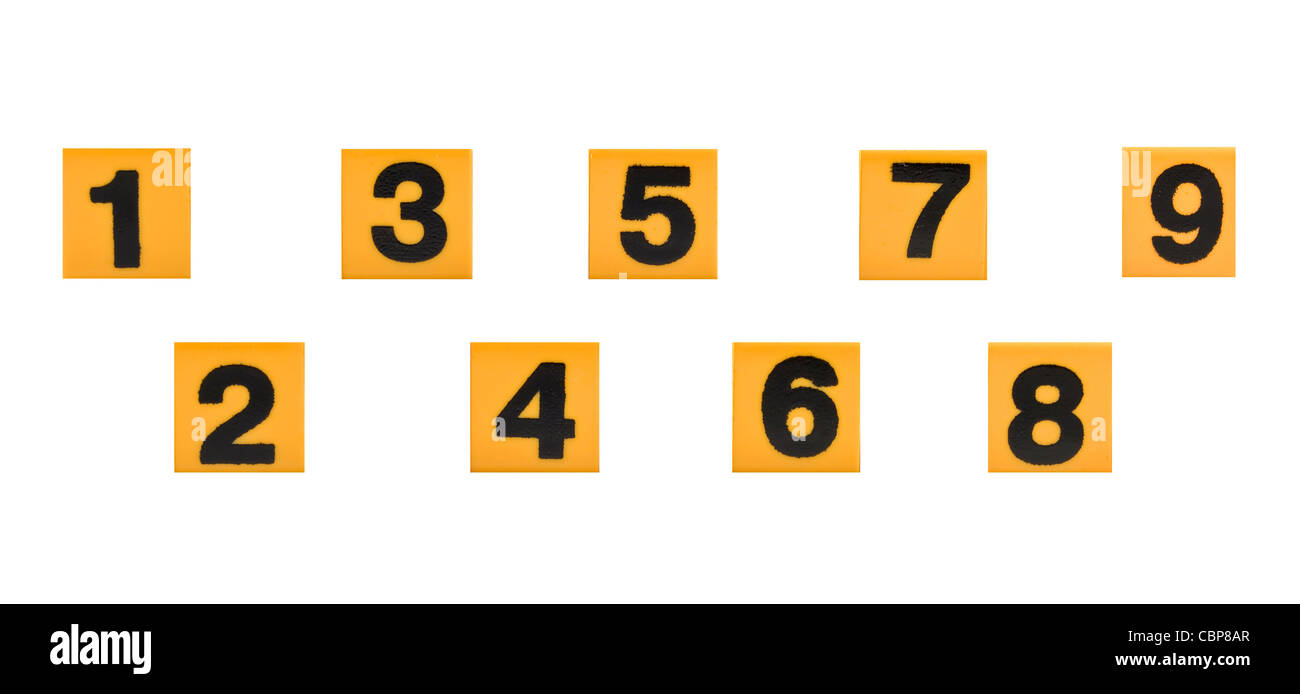 mathematische Zahlen sind auf gelben Quadraten Stockfoto