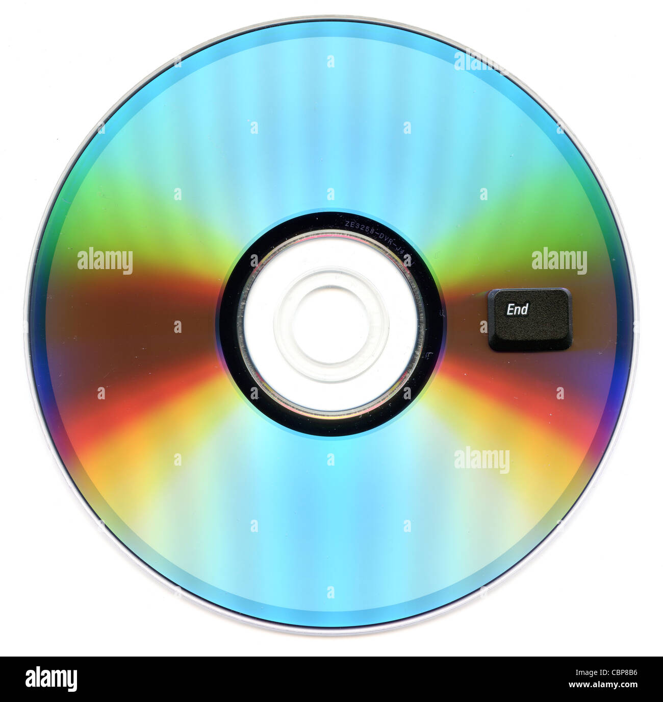 Computervirus. Computer-Datenträger (DVD, CD) mit Taste Ende drauf. Detailansicht. Weißem Hintergrund Stockfoto