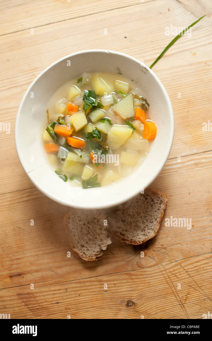 Eine sparsame fleischlose Suppe Cawl Essen Schriftstellers ELISABETH LUARD in ihrer Küche mit wild gesammelten Blätter und Kräuter-wales Stockfoto