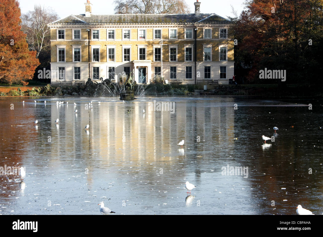 Kew Gartenteich und Museum an einem kalten Novembertag Stockfoto