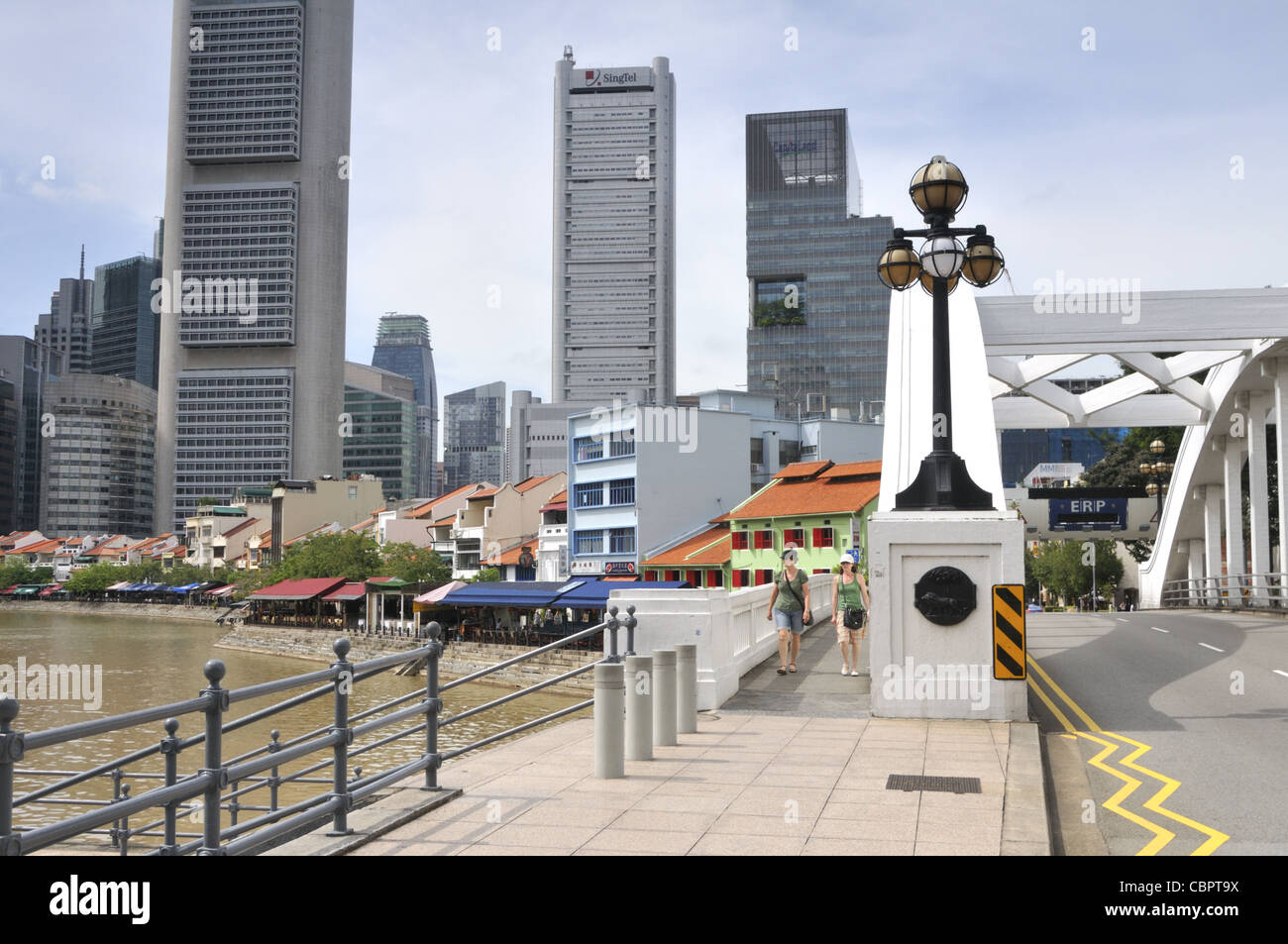Boat Quay Singapur Fluss neben dem Finanzviertel. Stockfoto