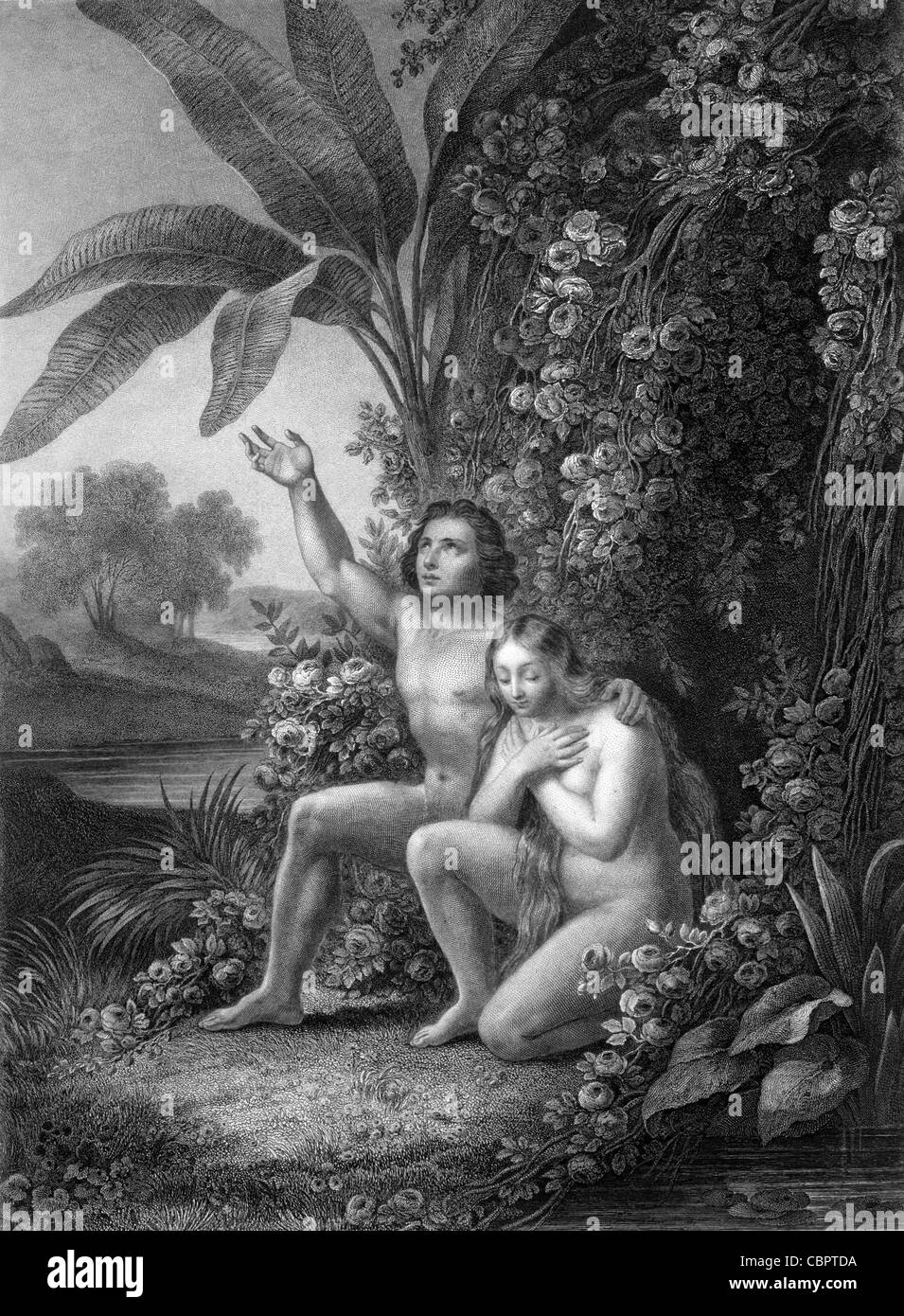 Adam & Eva Beten im Garten Eden oder Paradies, John Miltons Paradies verloren. c19. Gravur von Gustave Doré Stockfoto